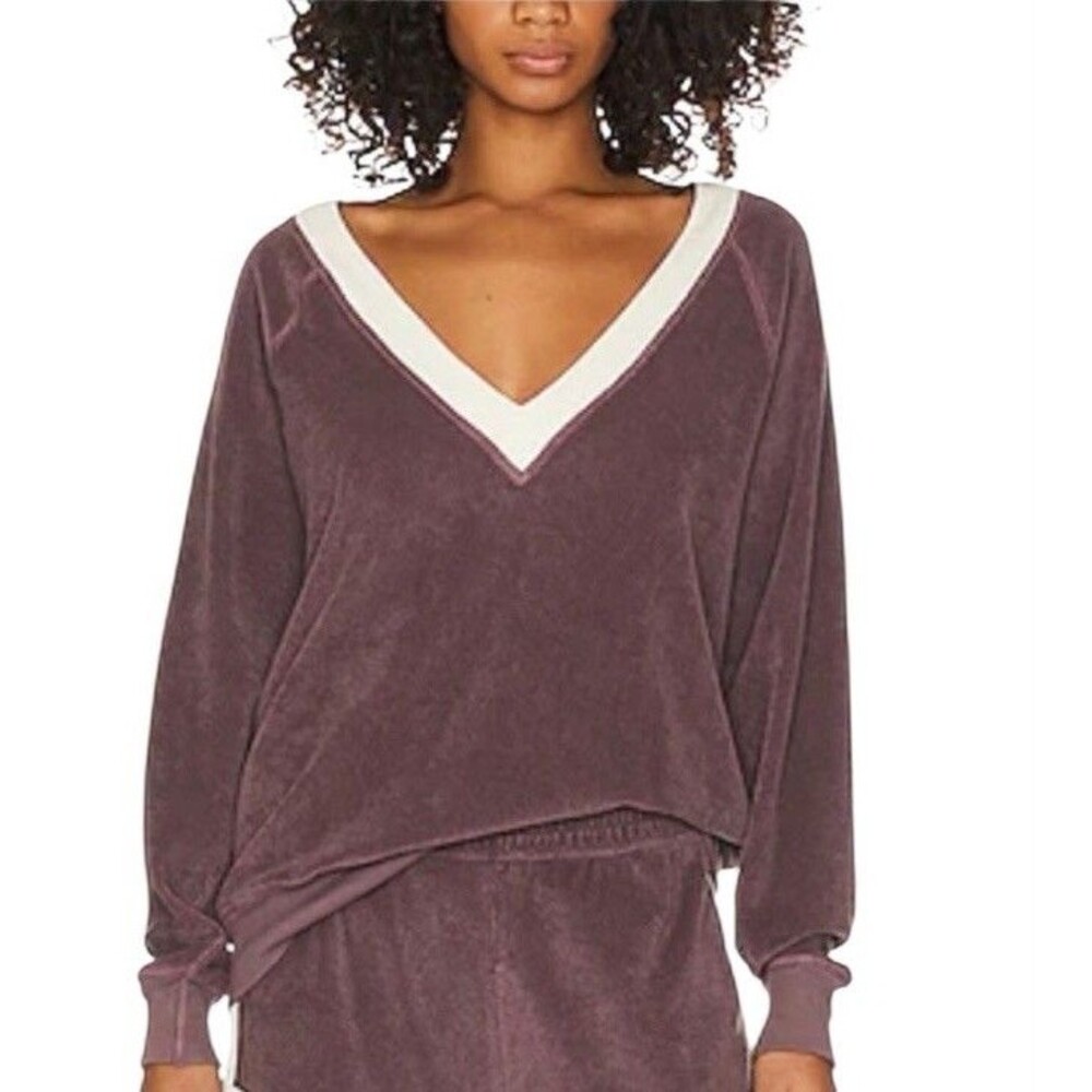 THE GREAT Microterry V-Neck Sweatshirt L Purple Cream Varsity Oversized Cotton